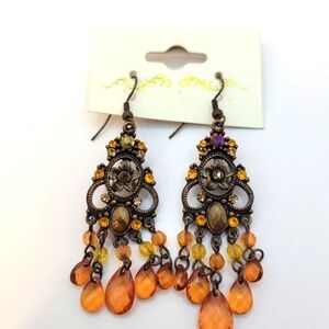 Amber Colored Bead and AB Crystals Bohemian Flower Dangle Earrings